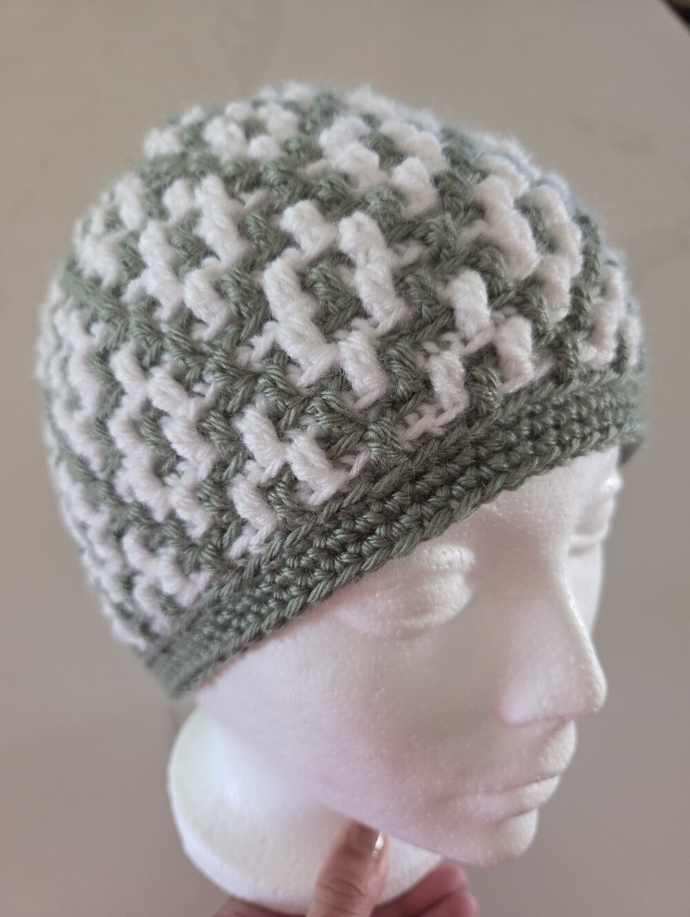 Handmade Mosaic Green and White Crochet Beanie